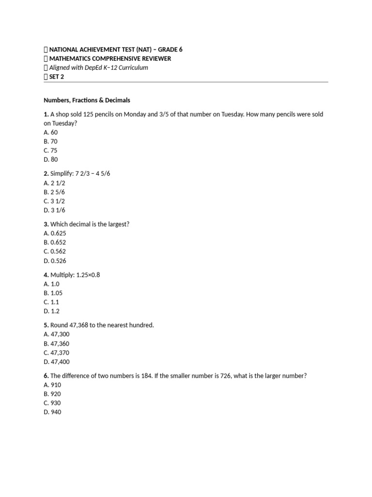 Set 2 ? NAT 6 Mathematics | PDF | Area | Mathematics