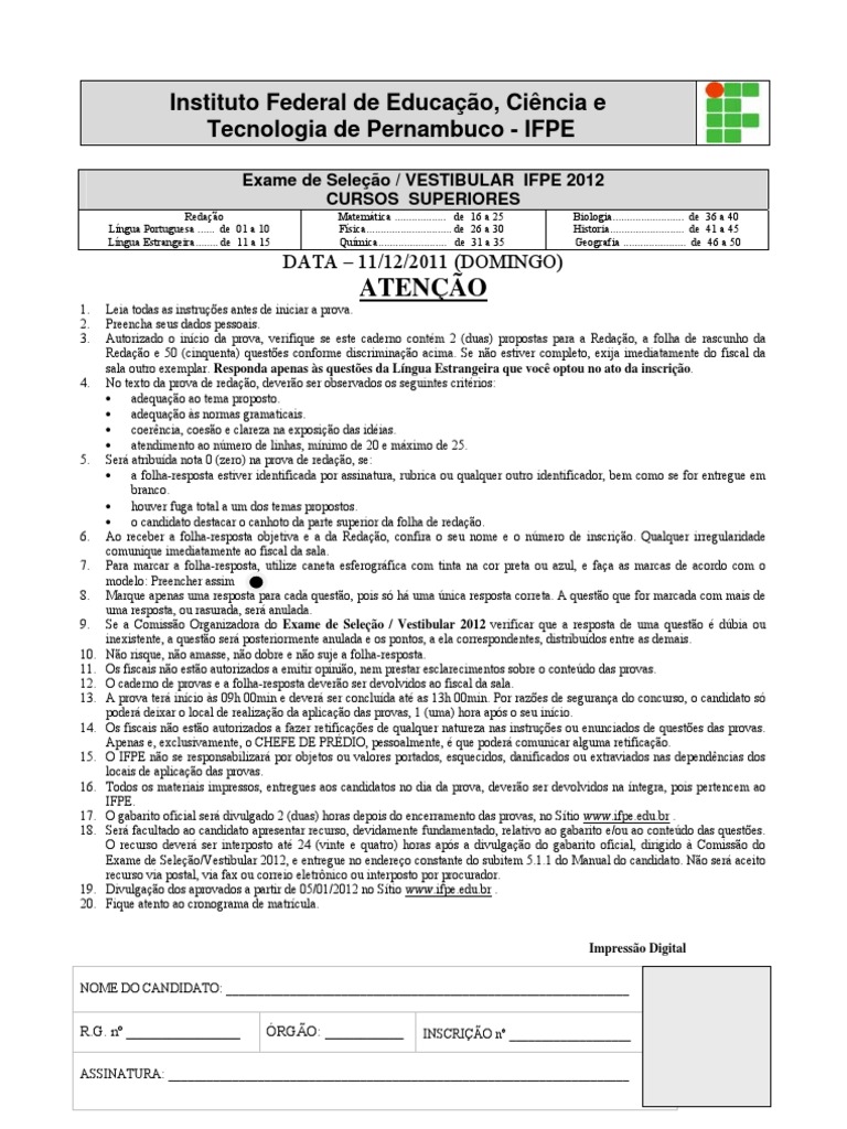 Prova Vestibular IFPE 2012: Instruções e Conteúdos | PDF | Sangue | Malária