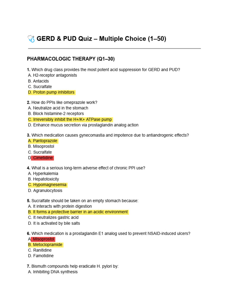 Practice Quiz - Gerd and Pud | PDF | Gastroesophageal Reflux Disease ...