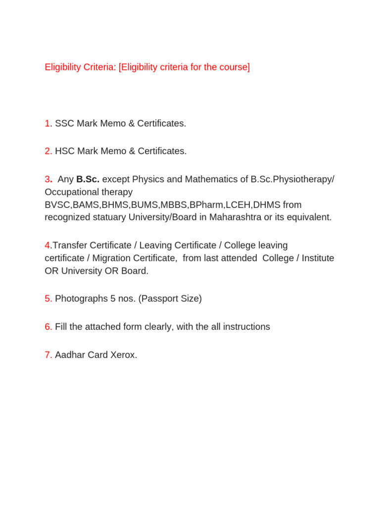 Eligibility Criteria For The Course | PDF