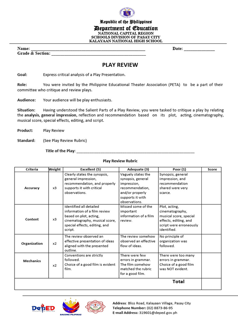 GRADE 9 4TH Quarter Performance Task Play Review | PDF | Human ...