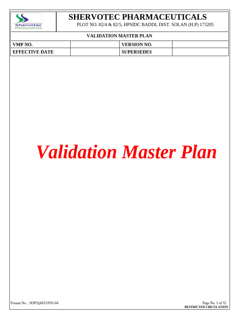 Validation Master Plan: Shervotec Pharmaceuticals | PDF | Verification ...