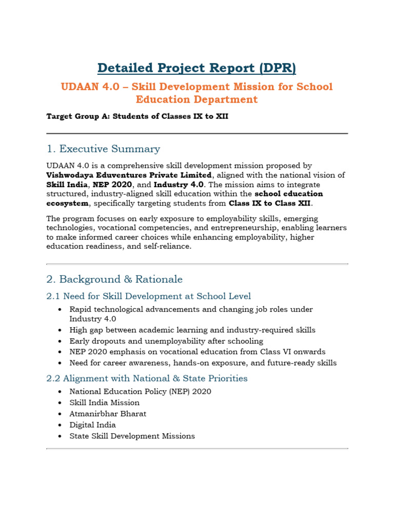 Udaan 4.0 DPR For School Education | PDF | Vocational Education