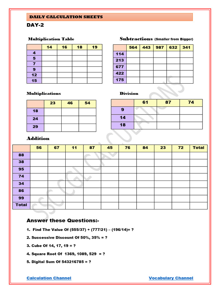 Day 2 Calculation Sheet | PDF | Elementary Mathematics | Arithmetic