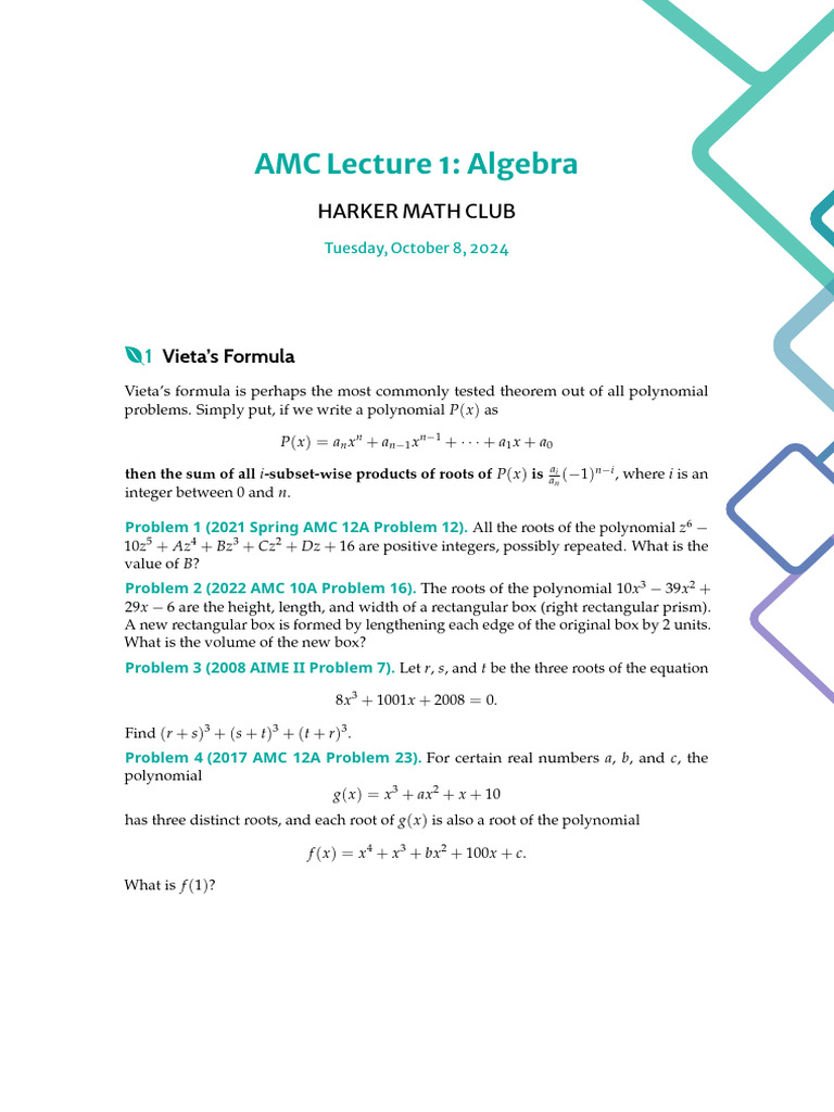 2024 AMC Lecture 1 - Algebra | PDF | Zero Of A Function | Sequence