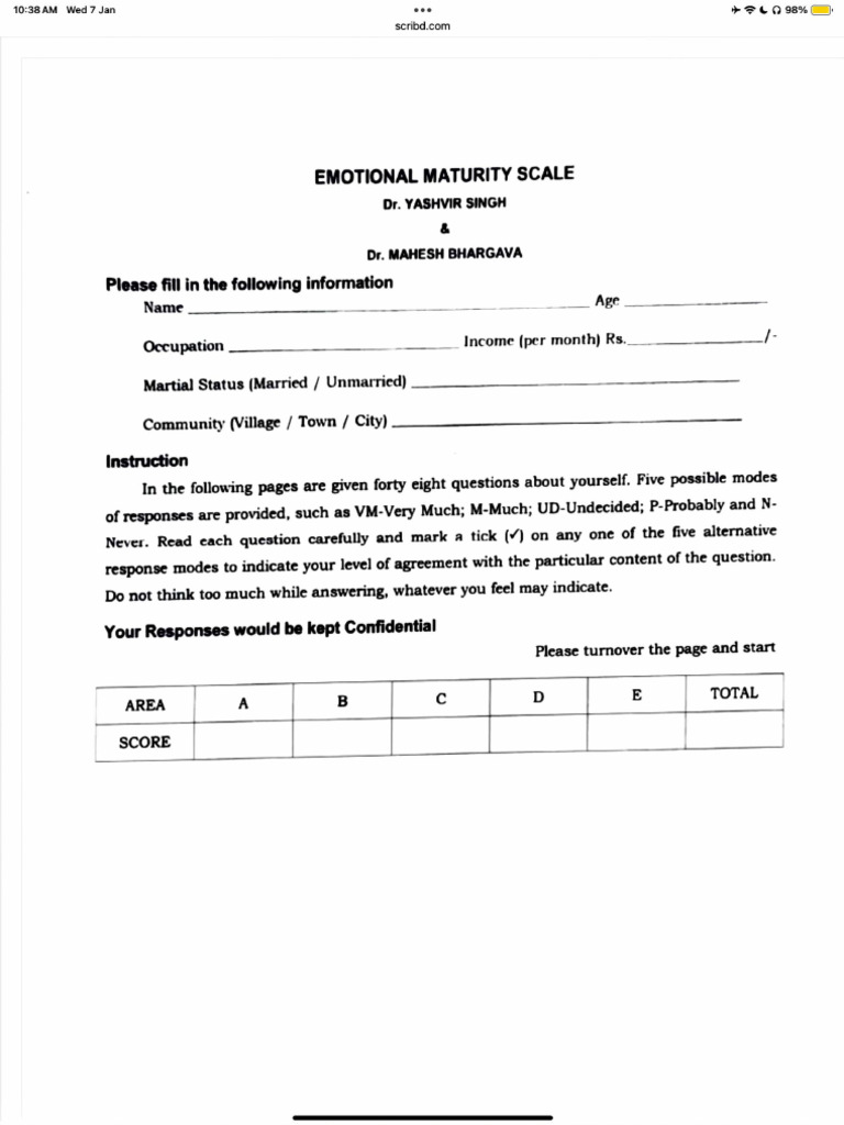 Ems Emotional Maturity Scale | PDF