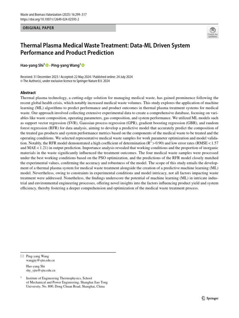 Thermal Plasma Medical Waste Treatment: Data ML Driven System ...