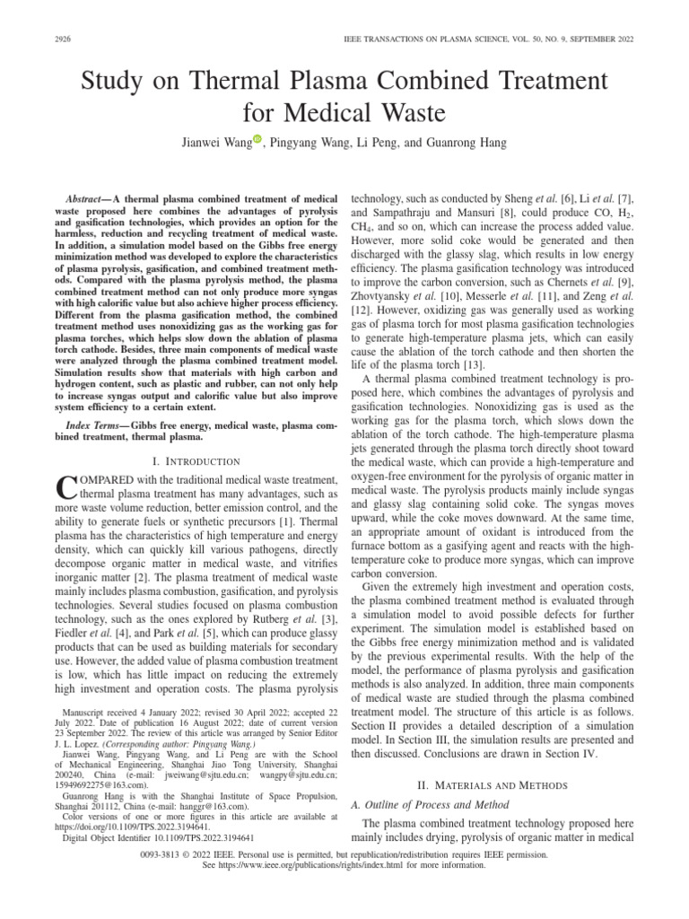 Study On Thermal Plasma Combined Treatment For Medical Waste | PDF ...