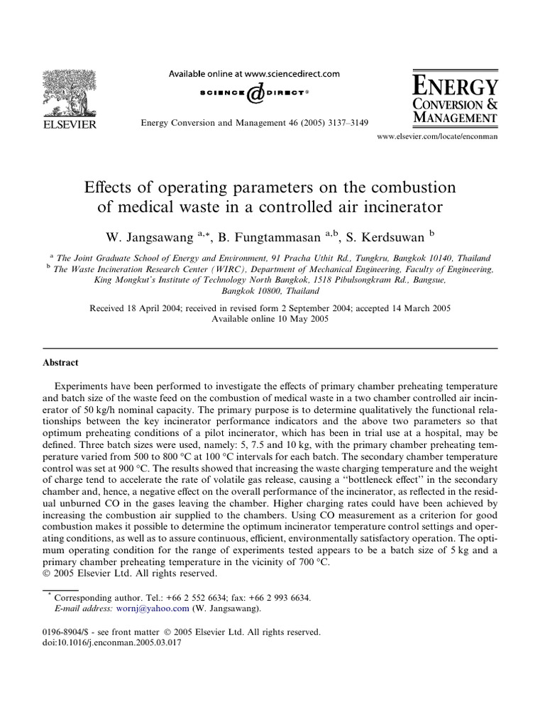 Effects of Operating Parameters On The Combustion of Medical Waste in ...