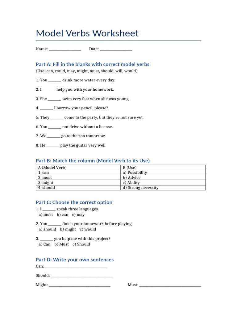 Model Verbs Worksheet | PDF