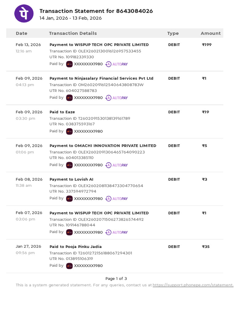 PhonePe Statement Jan2026 Feb2026 | PDF | Debit Card | Financial Services