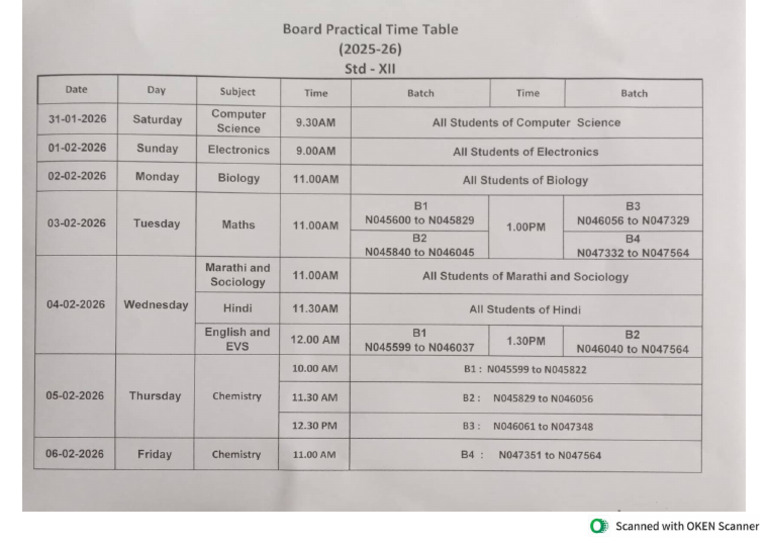 Board Practical Time Table | PDF