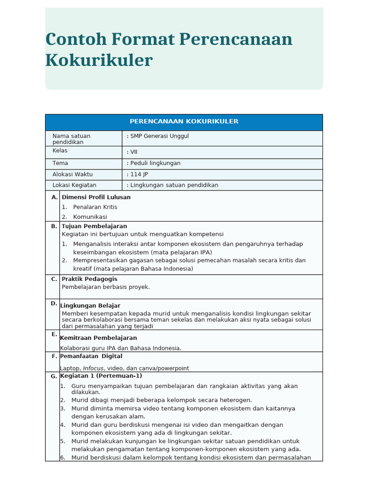 Contoh Form Perencanaan Projek (Kokurikuler) | PDF