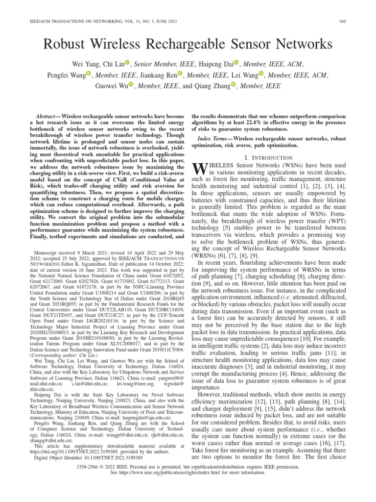Robust Wireless Rechargeable Sensor Networks | PDF
