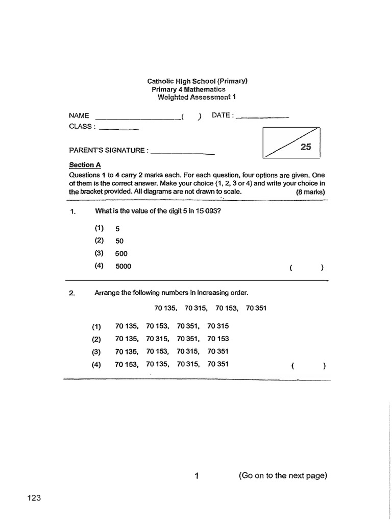 P4 Maths WA1 2024 CatholicHigh Exam Papers | PDF