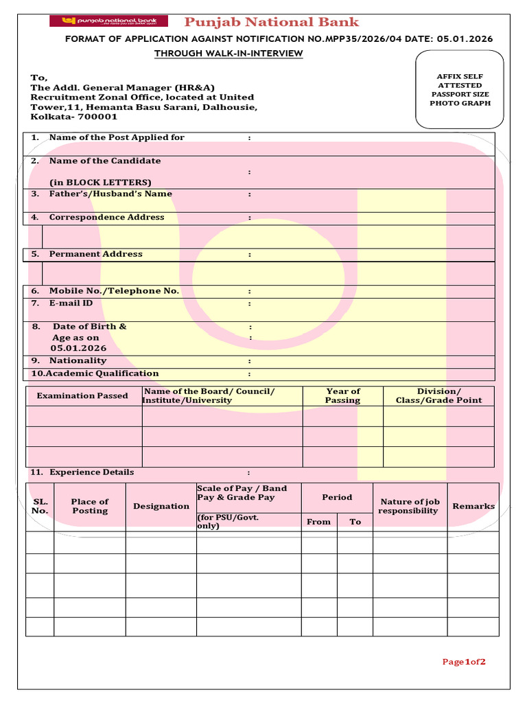 Application Form of Punjab National Bank Staff Recruitment Authority | PDF