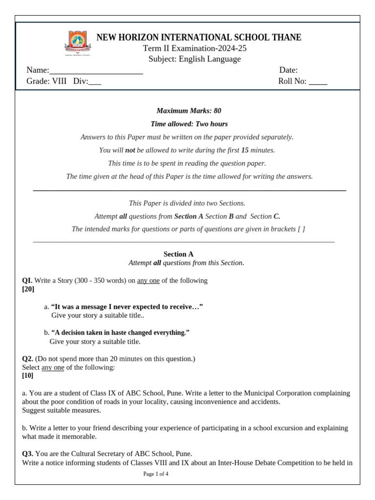 Grade 8 English Language Term 2 Question Paper | PDF | Syntax | Linguistics