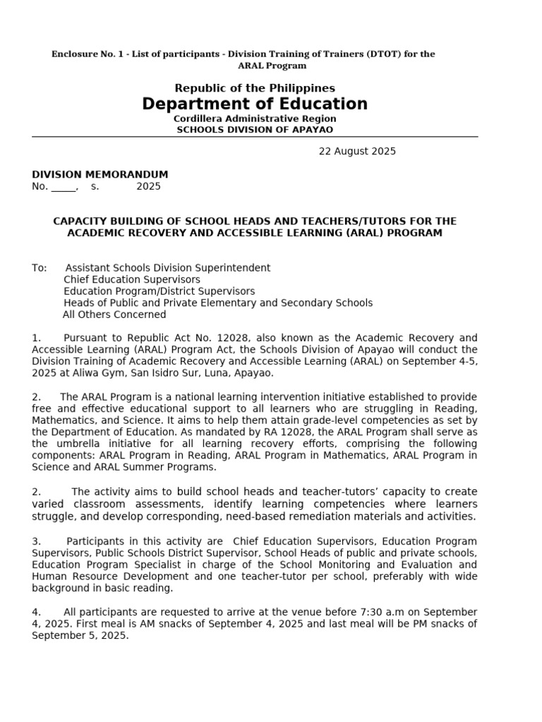 For Signature Division Memo Aral Capacity Building of Tutors | PDF ...