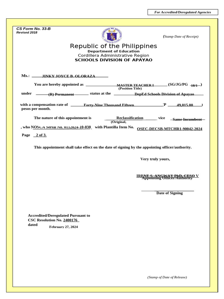 CS Form No. 33 B Appointment Form Accredited MT I Promotion | PDF