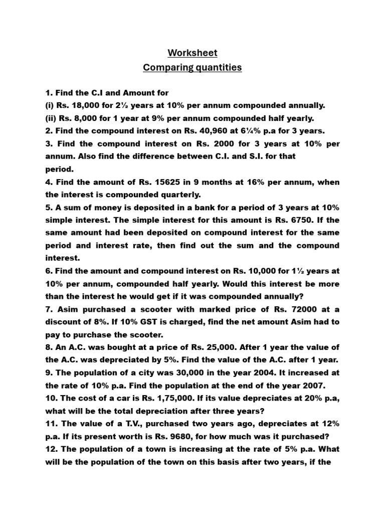 Worksheet - Comparing Quantities | PDF | Interest | Compound Interest