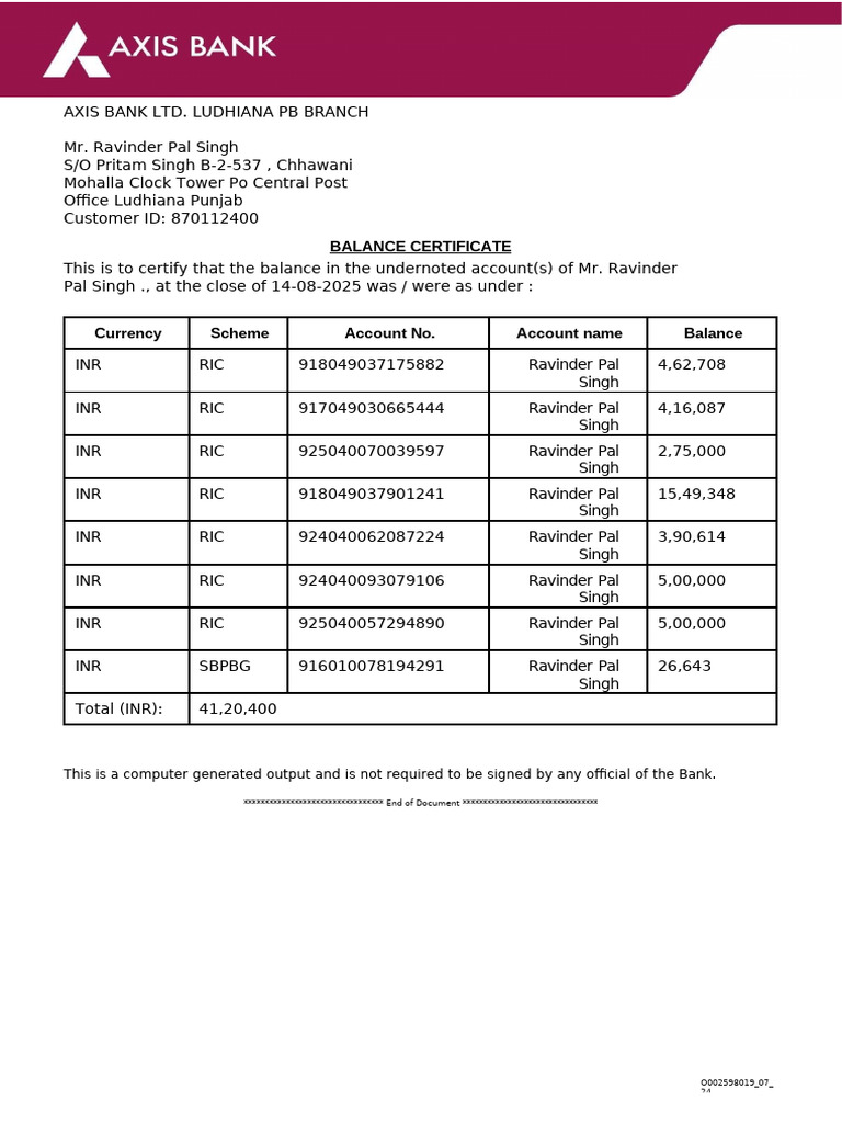 Ravinder Balance Certificate | PDF