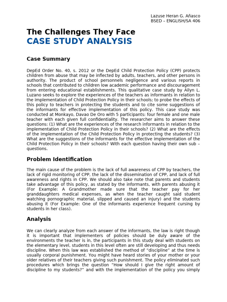 Case Study Analysis Anasco | PDF | Teachers | Policy