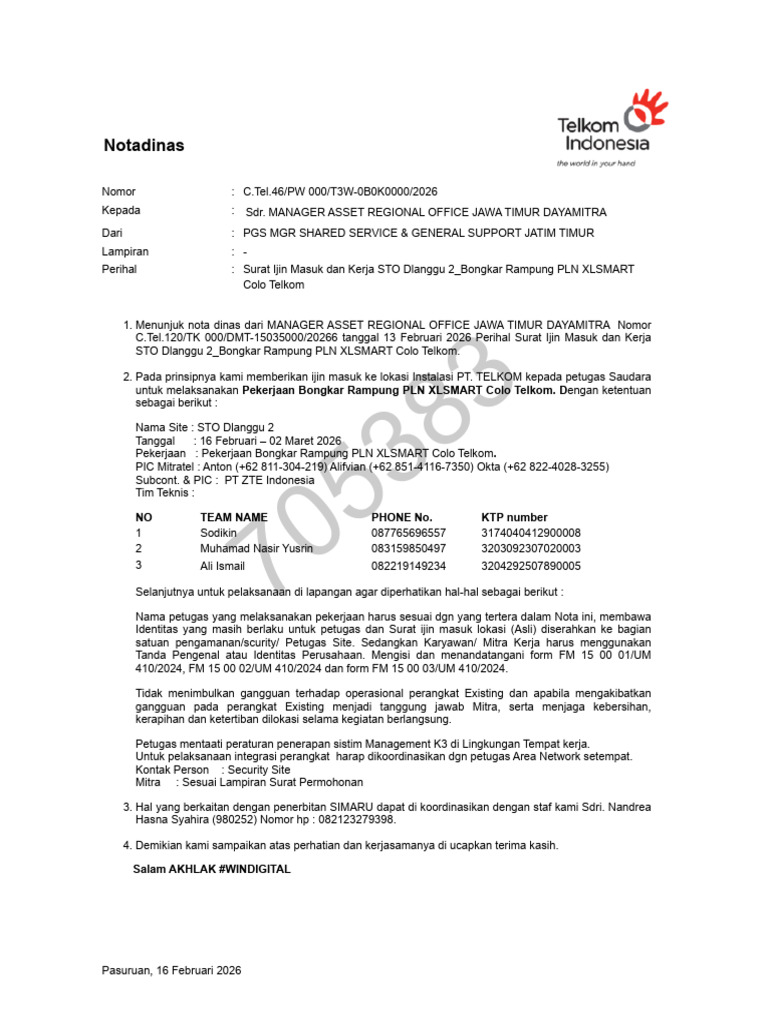 ZSBY - 0758 Surat Ijin Masuk Dan Kerja STO Dlanggu 2 - Bongkar Rampung ...