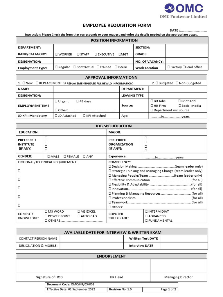 Employee Requisition & JD Form | PDF | Business