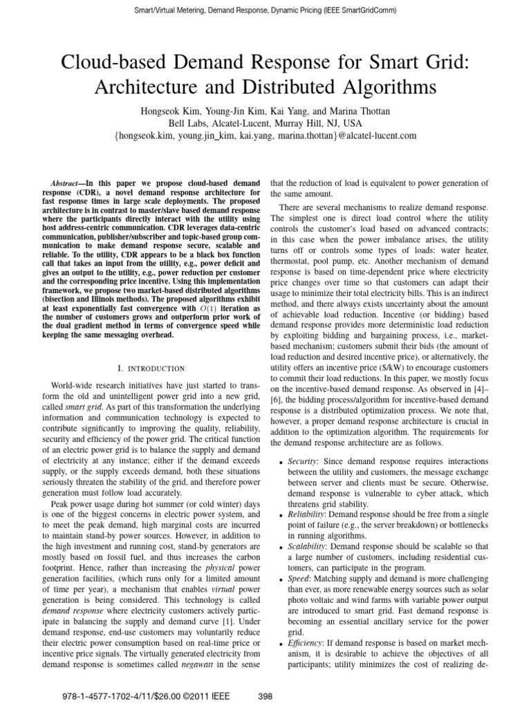 Cloud-Based Demand Response For Smart Grid Architecture and Distributed ...