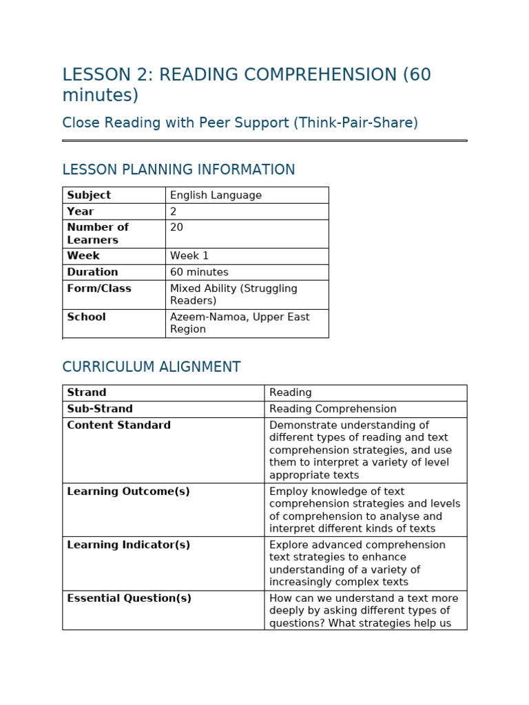 Lesson 2 Reading Comprehension | PDF | Reading Comprehension | Learning