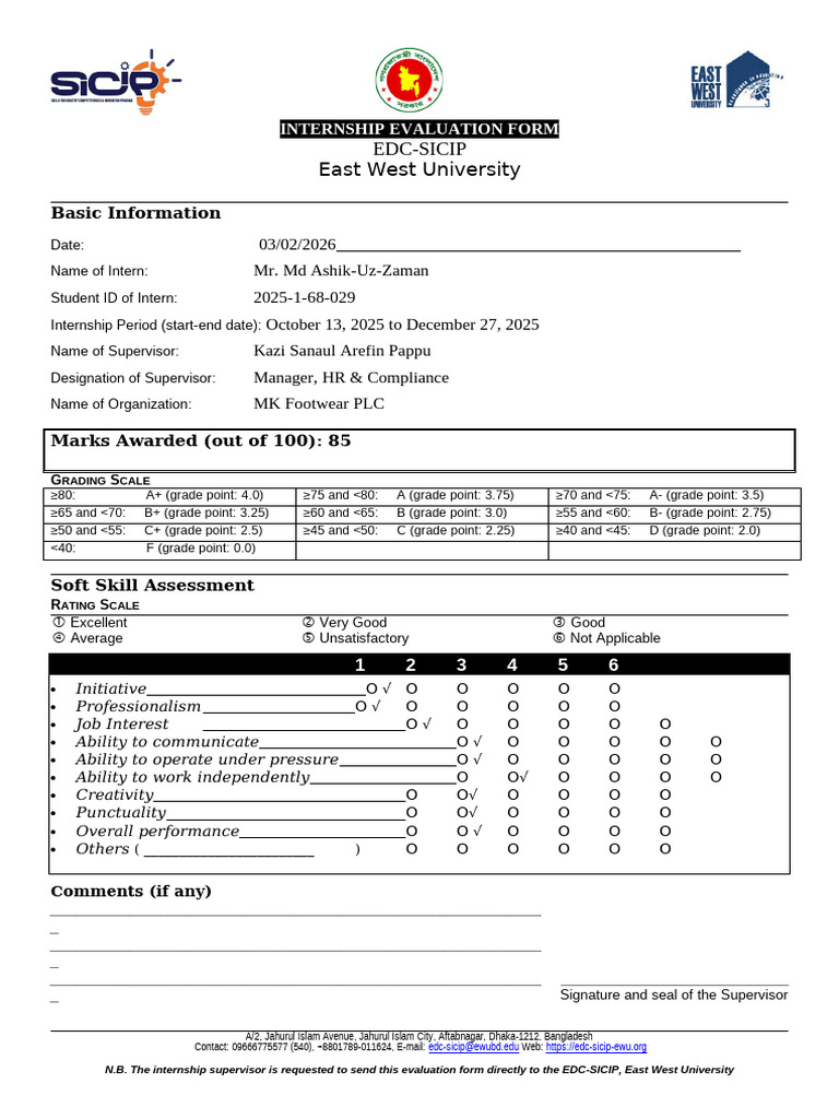 Internship Evaluation Form | PDF