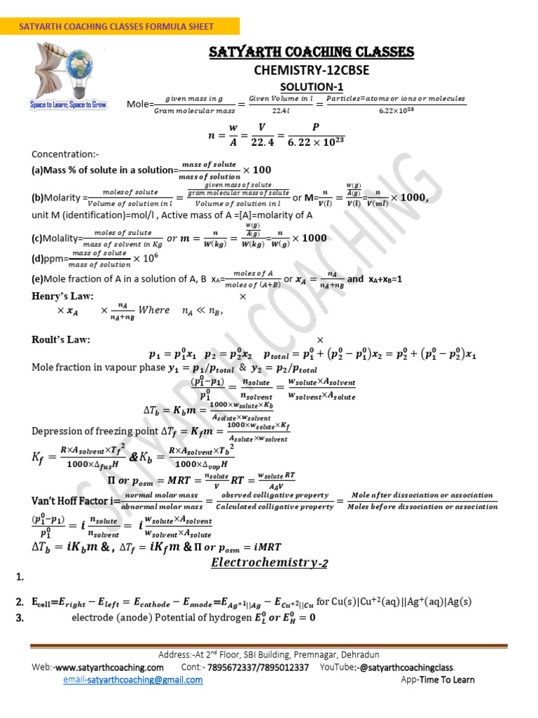 Formula Sheet Complete 2026 For Class 10th | PDF | Physical Chemistry ...