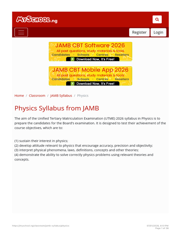 Physics Syllabus From JAMB - Myschool | PDF | Waves | Sound