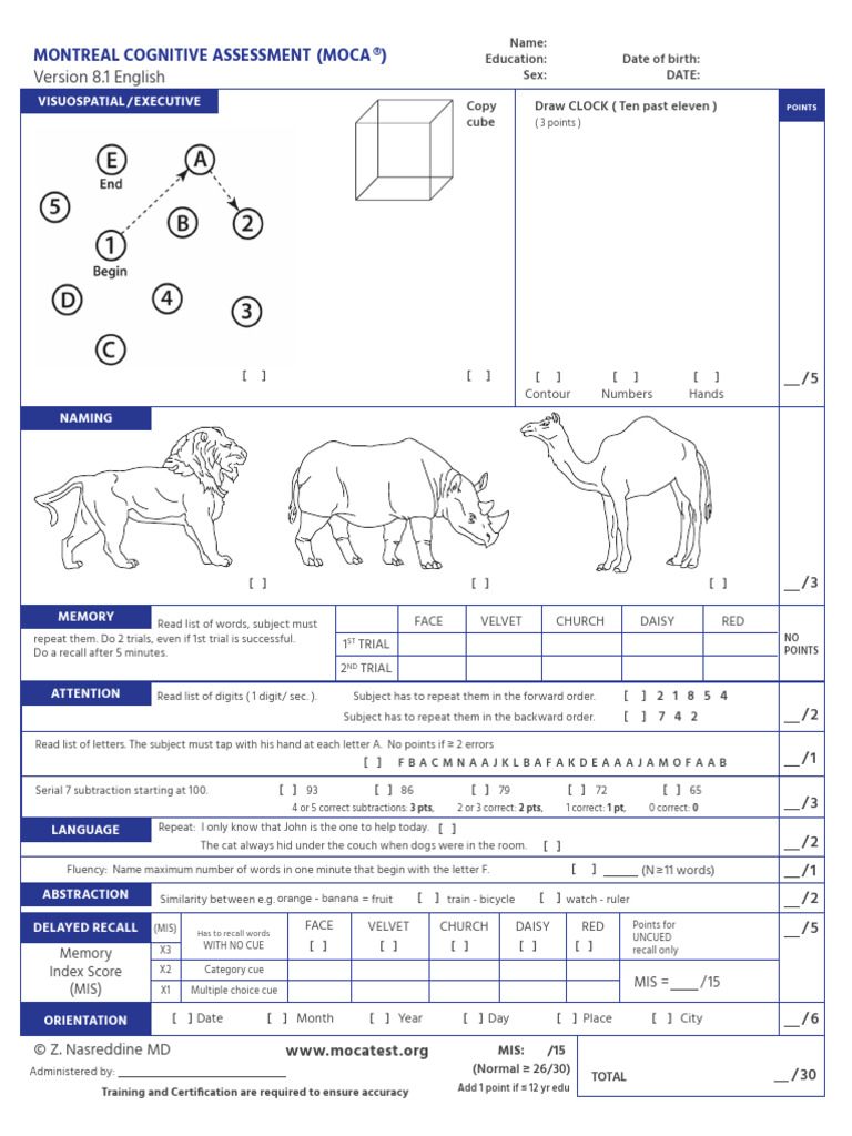 MoCA 8.1 English Test 2020 | PDF | Recall (Memory) | Psychology
