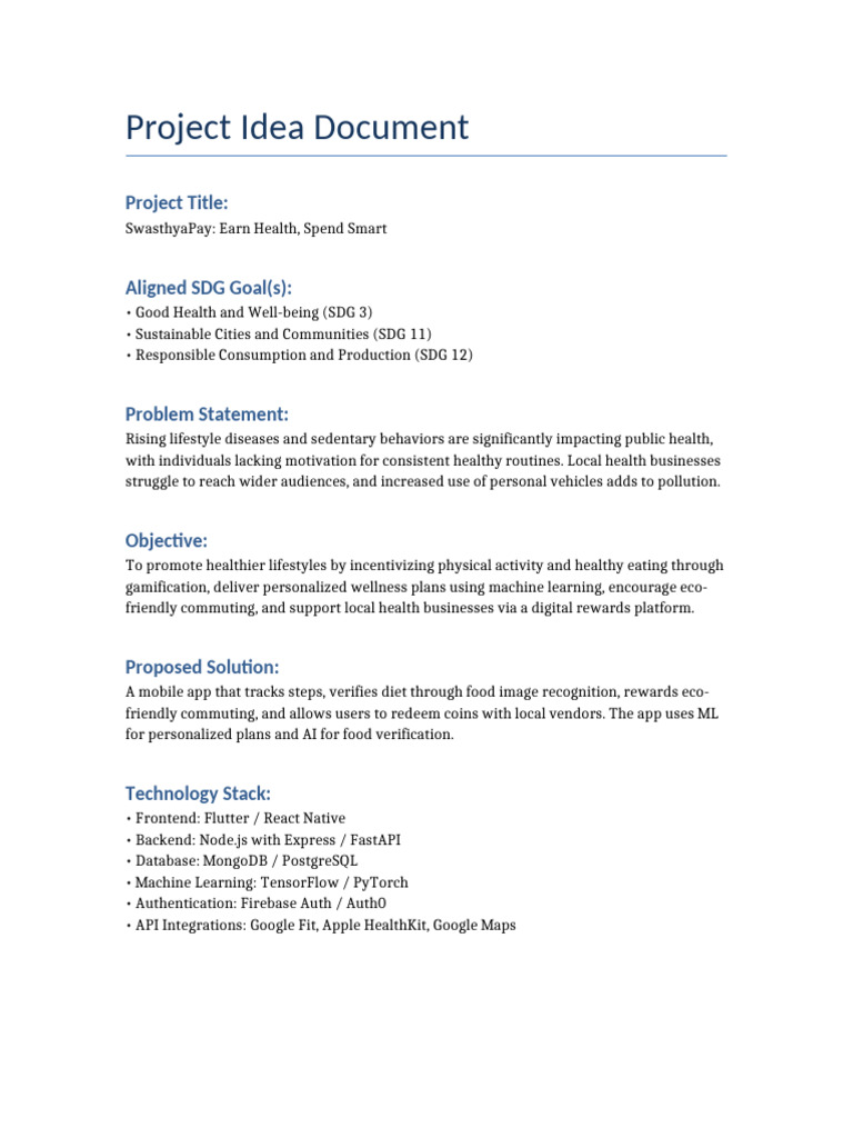 SwasthyaPay Project Idea Document | PDF