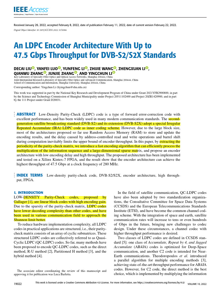 An LDPC Encoder Architecture With Up To 47.5 Gbps Throughput For DVB-S2 ...