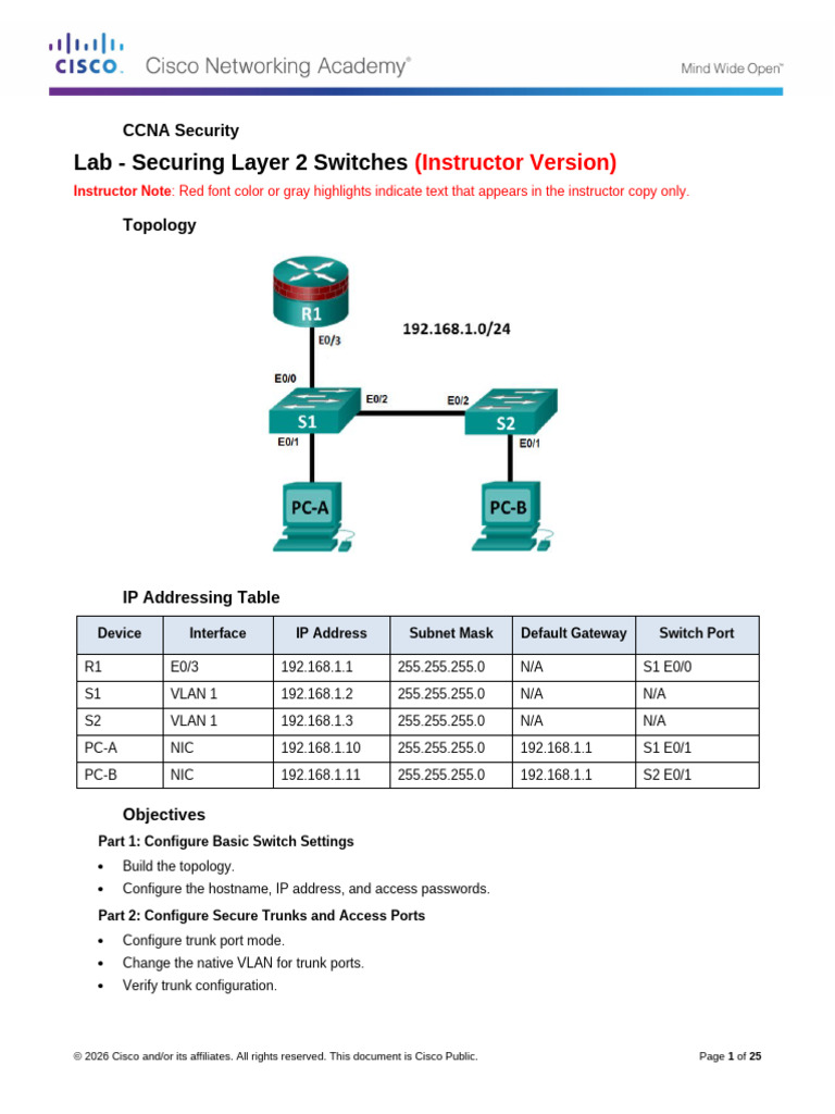 6.1 Lab - Securing Layer 2 Switches | PDF | Network Switch | Computing