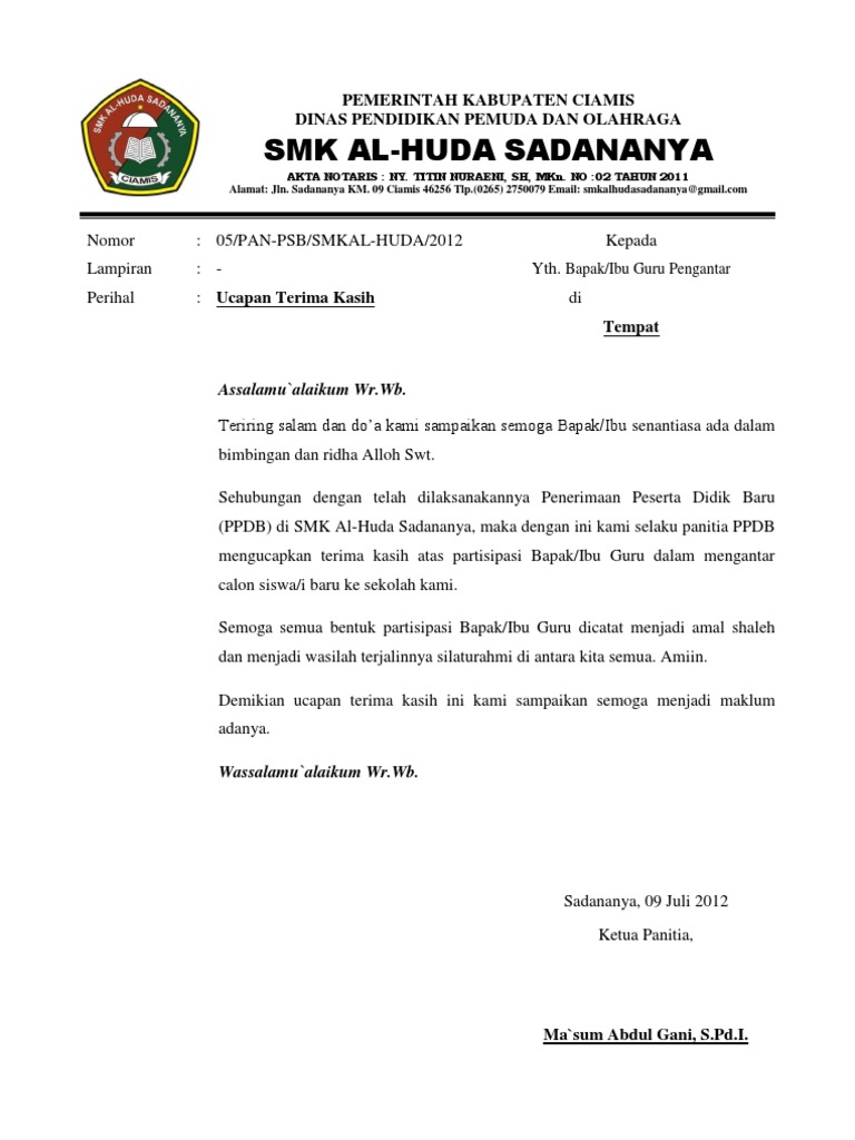 Surat Ucapan Terima Kasih Pdf