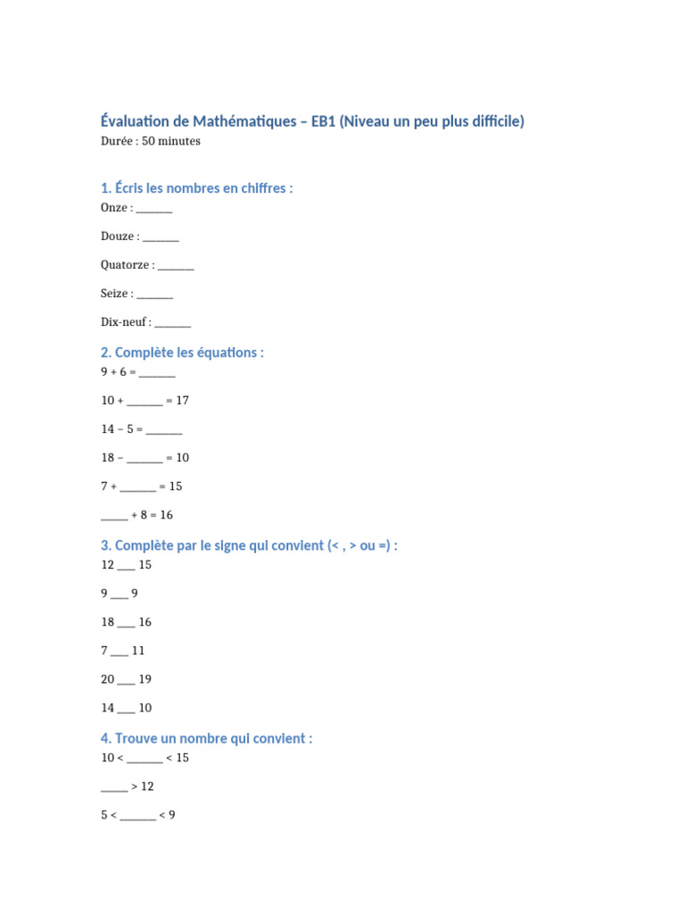 Evaluation Maths EB1 Plus Difficile Sans Correction | PDF