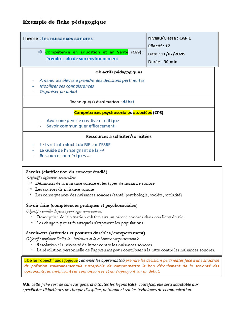 Act 7. Exemple de Fiche Pédagogique Et de Fiche D'activité | PDF ...