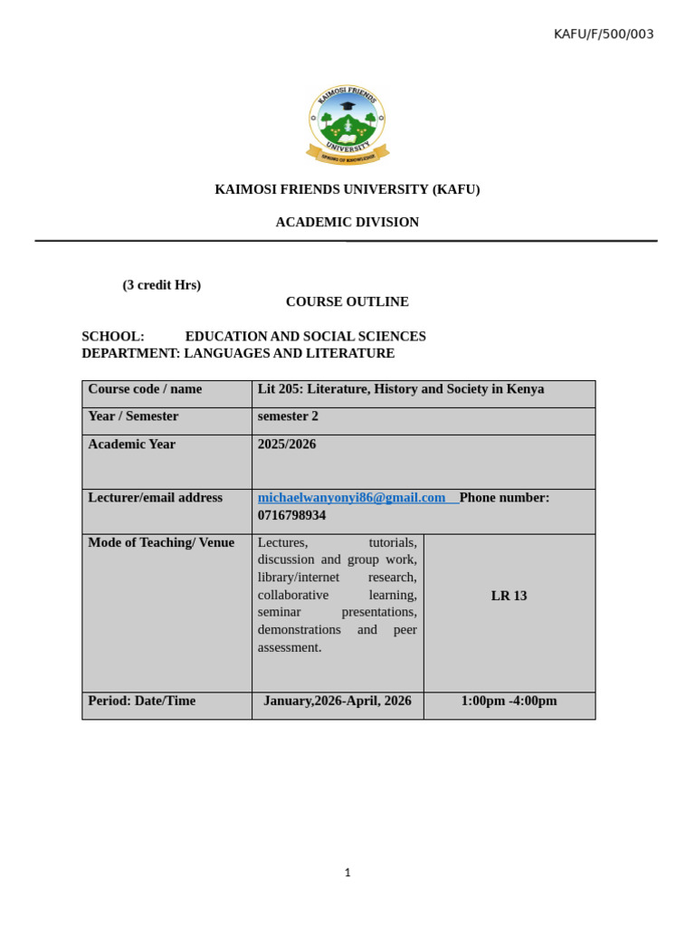 Lit 205 - New Course Outline | PDF | Kenya