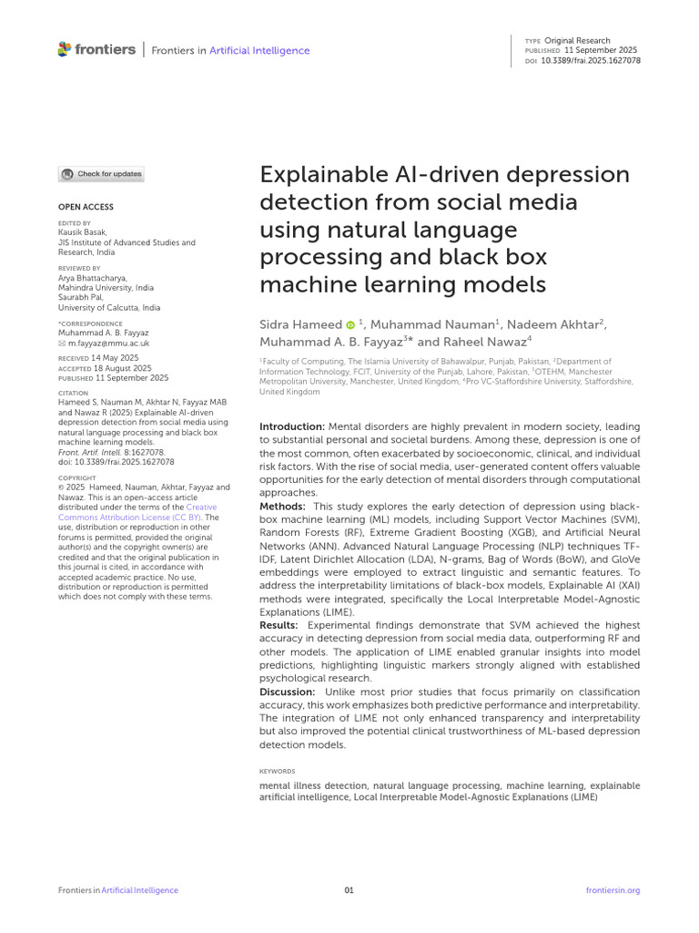 Explainable AI-driven Depression Detection From Social Media | PDF