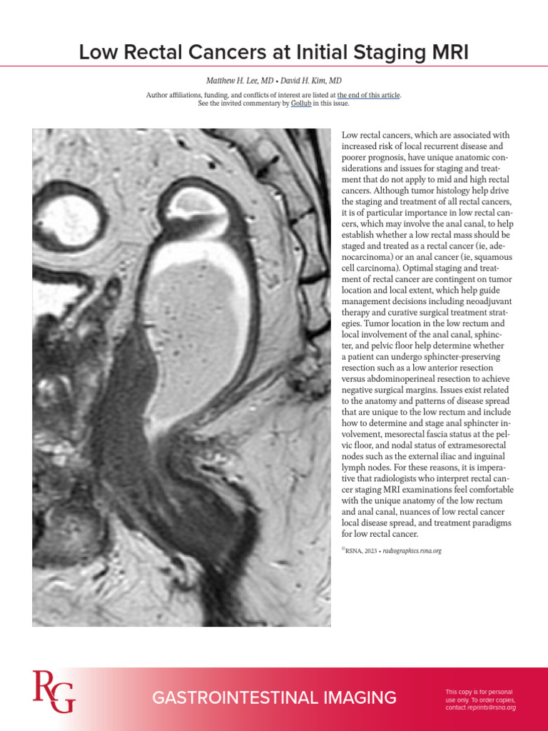 Lee Kim 2023 Low Rectal Cancers at Initial Staging Mri | PDF | Rectum ...