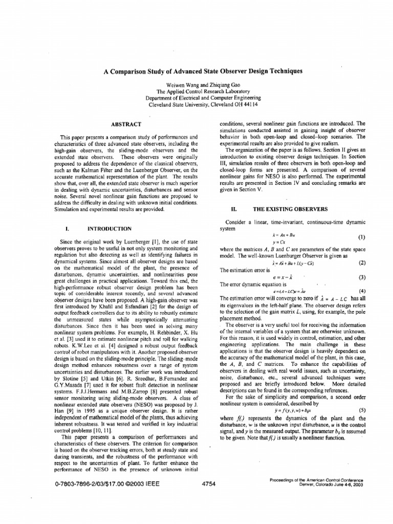 A Comparison Study of Advanced State Observer Design Techniques | PDF ...