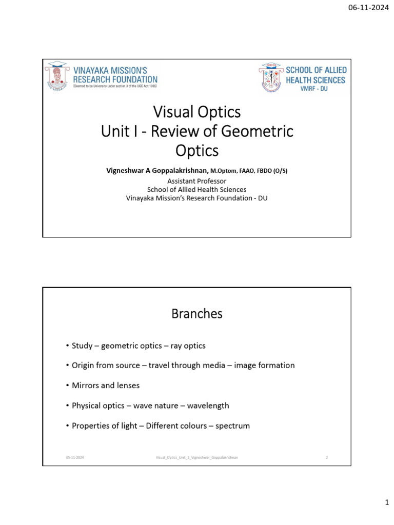 Visual Optics Unit I | PDF | Optics | Cornea