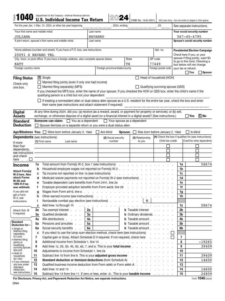 U.S. Individual Income Tax Return: Juliana | PDF | Tax Deduction ...
