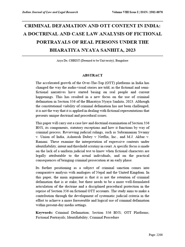 Criminal Defamation and Ott Content in India - A Doctrinal and Case Law ...