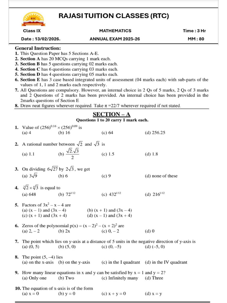 Class Ix Maths Annual Exam Test 2025-26 | PDF