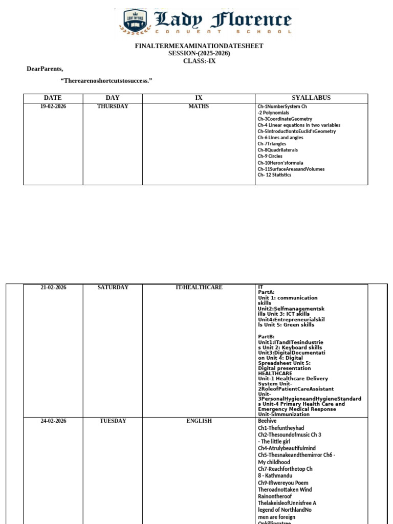 Grade - Ix Final Term Examination Date Sheet & Syllabus For 2025-26 ...
