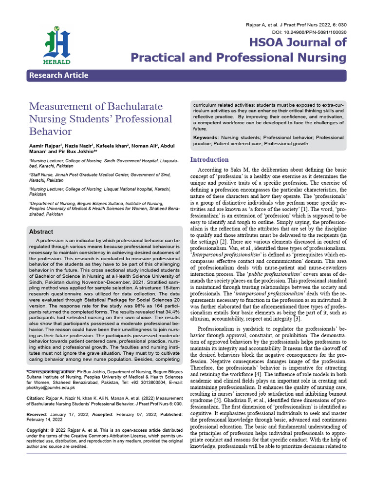 Measurement of Bachularate Nursing Students Professional Behavior | PDF ...